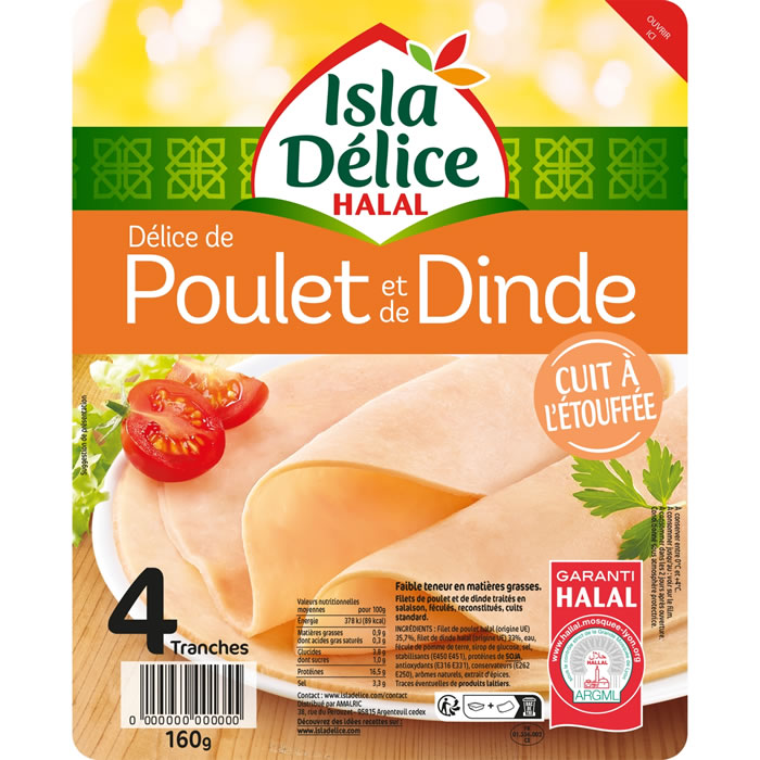 ISLA DELICE Blanc de poulet et dinde cuit à l'étouffée halal
