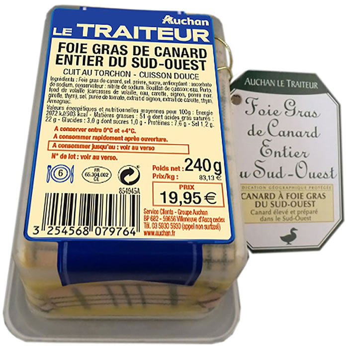 AUCHAN Le Traiteur Foie gras de canard entier Sud-Ouest cuit au torchon IGP