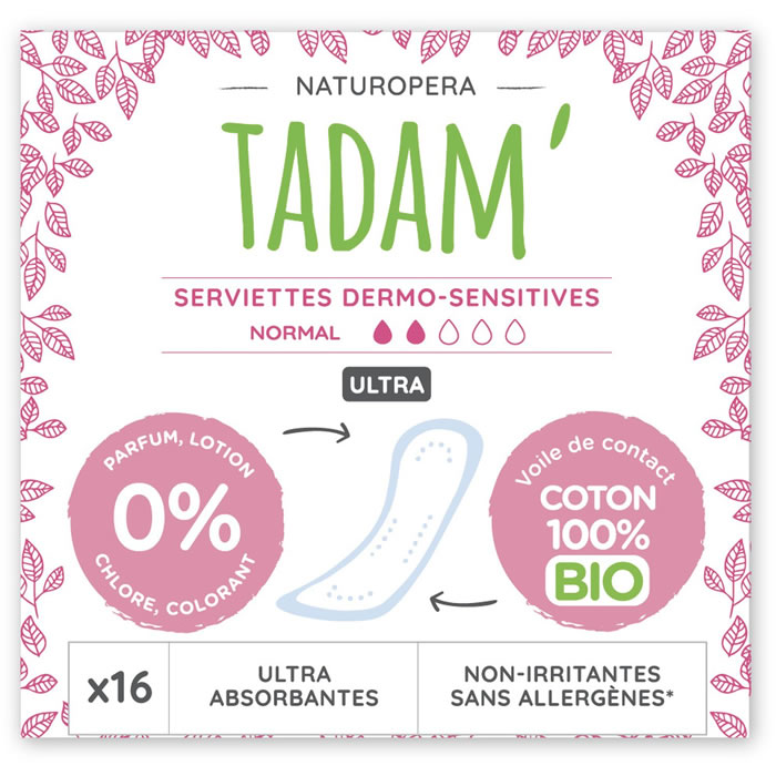 TADAM Dermo-Sensitives Serviettes hygiéniques sans ailettes ultra coton bio normal