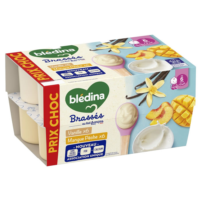 BLEDINA Les Brassés Dessert lacté à la vanille, mangue et pêche dès 6 mois