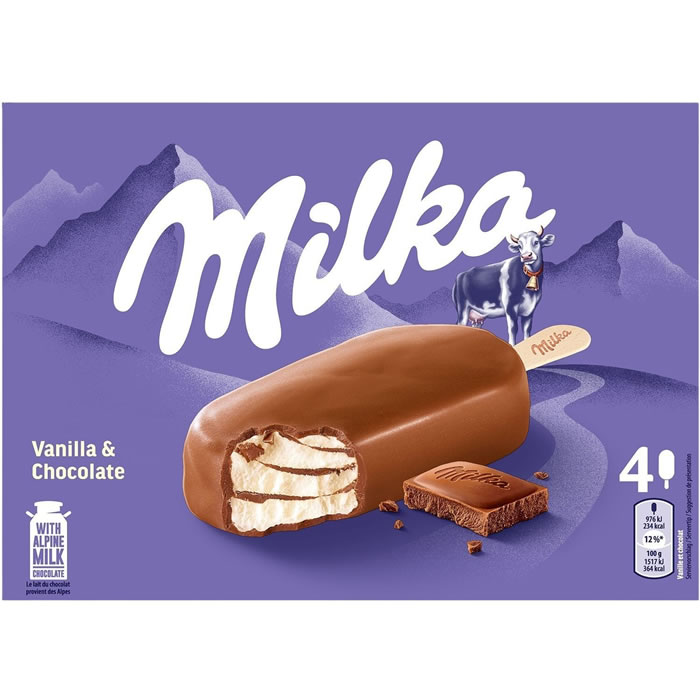 MILKA Bâtonnets glacés vanille et chocolat au lait
