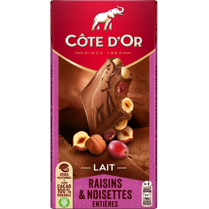 CÔTE D'OR Tablette de chocolat au lait aux raisins et noisettes