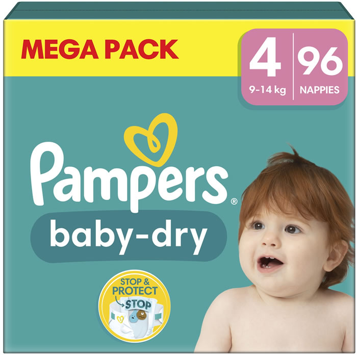 Pampers Baby-Dry taille 4, 92 couches, jusqu'à 12 heures de protection  contre les fuites, 9-14 kg
