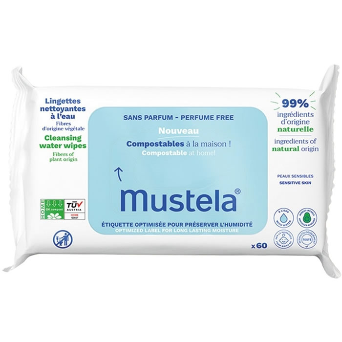 MUSTELA Lingettes nettoyantes compostables  à l'eau
