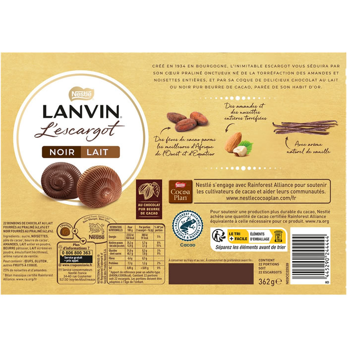 Nestlé Lanvin Escargots Chocolat au Lait, 362g : : Epicerie