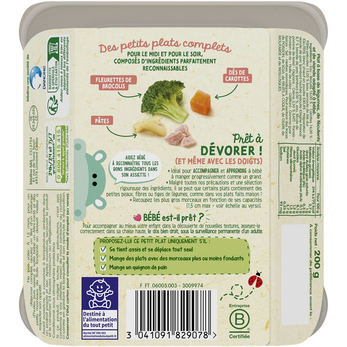Plat bébé dès 15 mois morceaux de brocolis pâtes jambon et crème BLEDINA :  l'assiette de 200g à Prix Carrefour