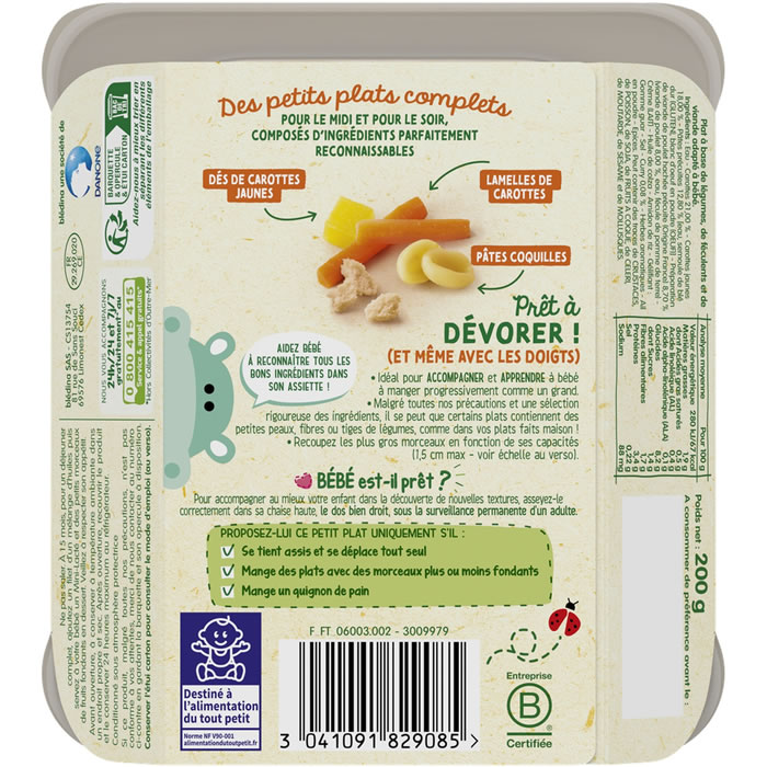 3 pots Blédiner crème de Légumes Épices & Pâtes Coquilles 15 mois - Blédina  | Beebs